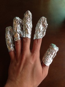 Nails on my left hand Wrapped in Foil