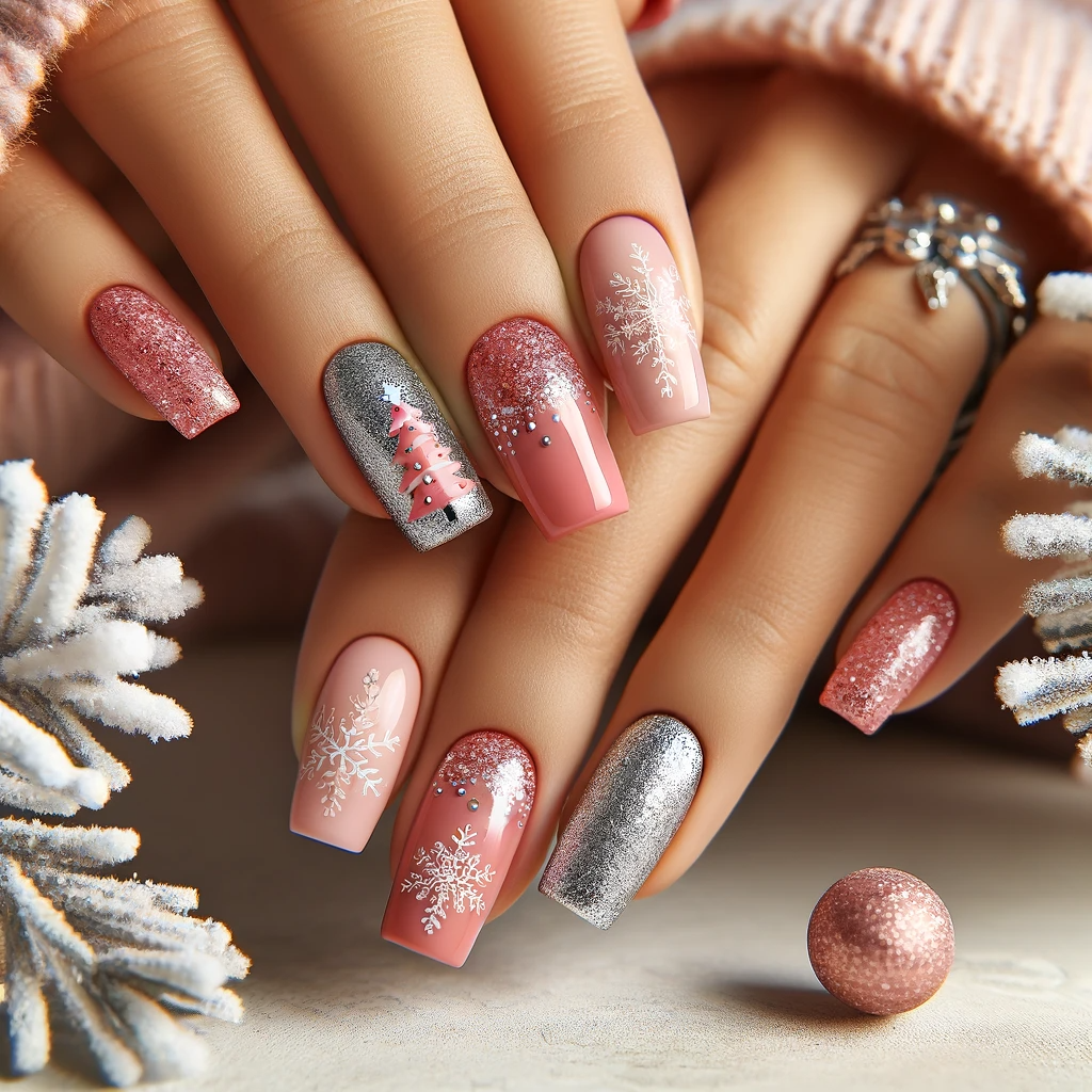 Glitter silver and pink winter nail idea