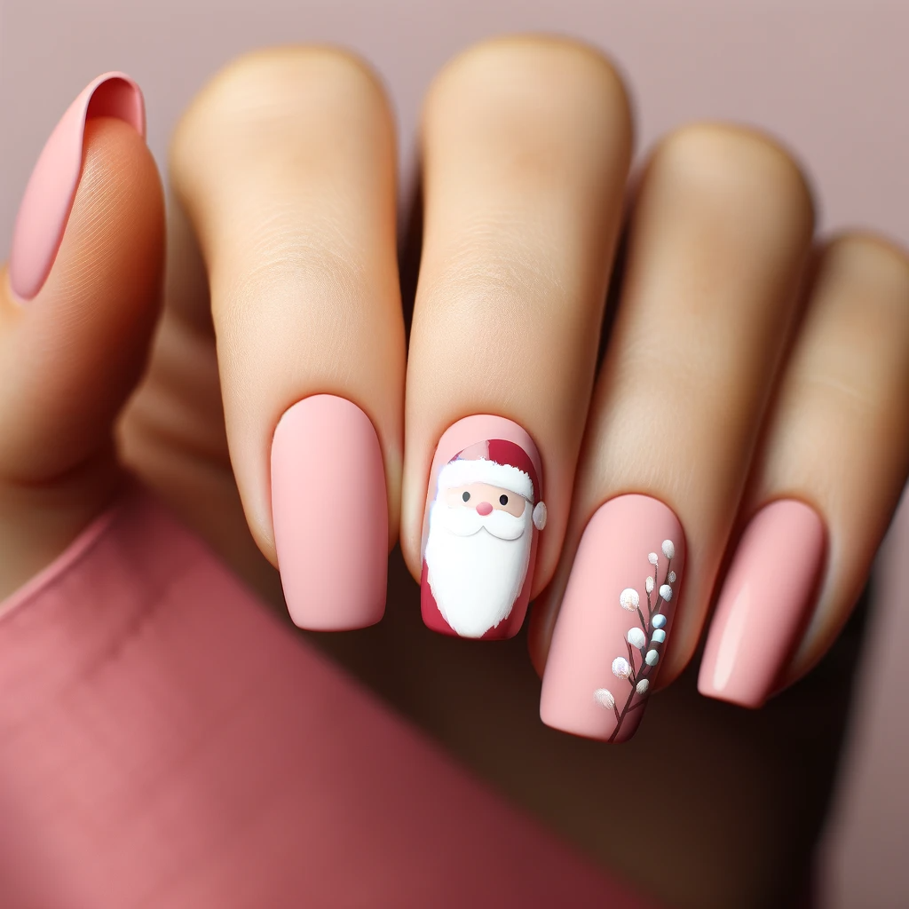 Pink manicure with santa on one finger and snow branch