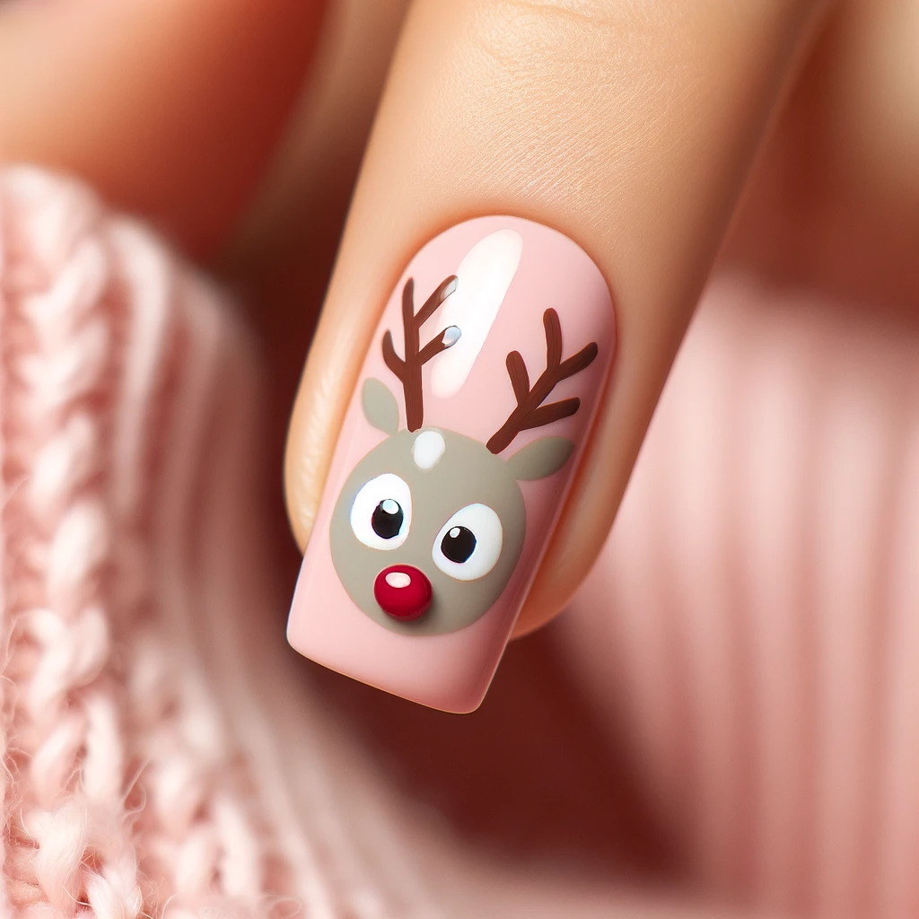 Pink nail polish with rudolph design