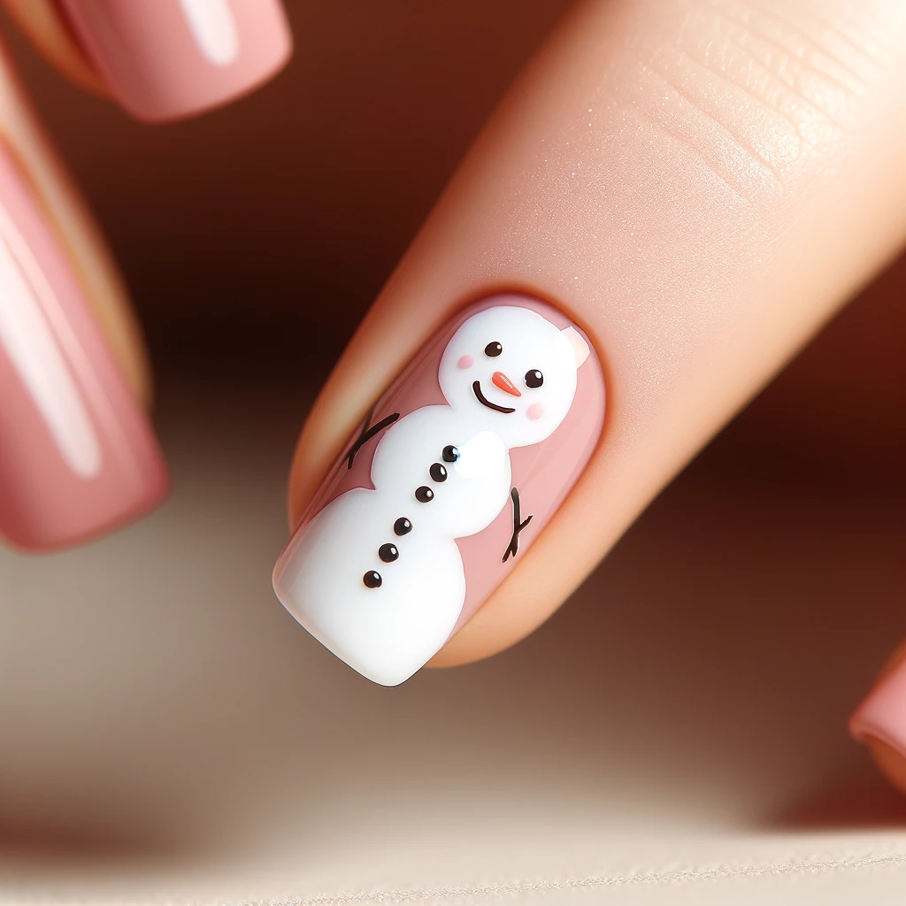 light pink nails with snowman design