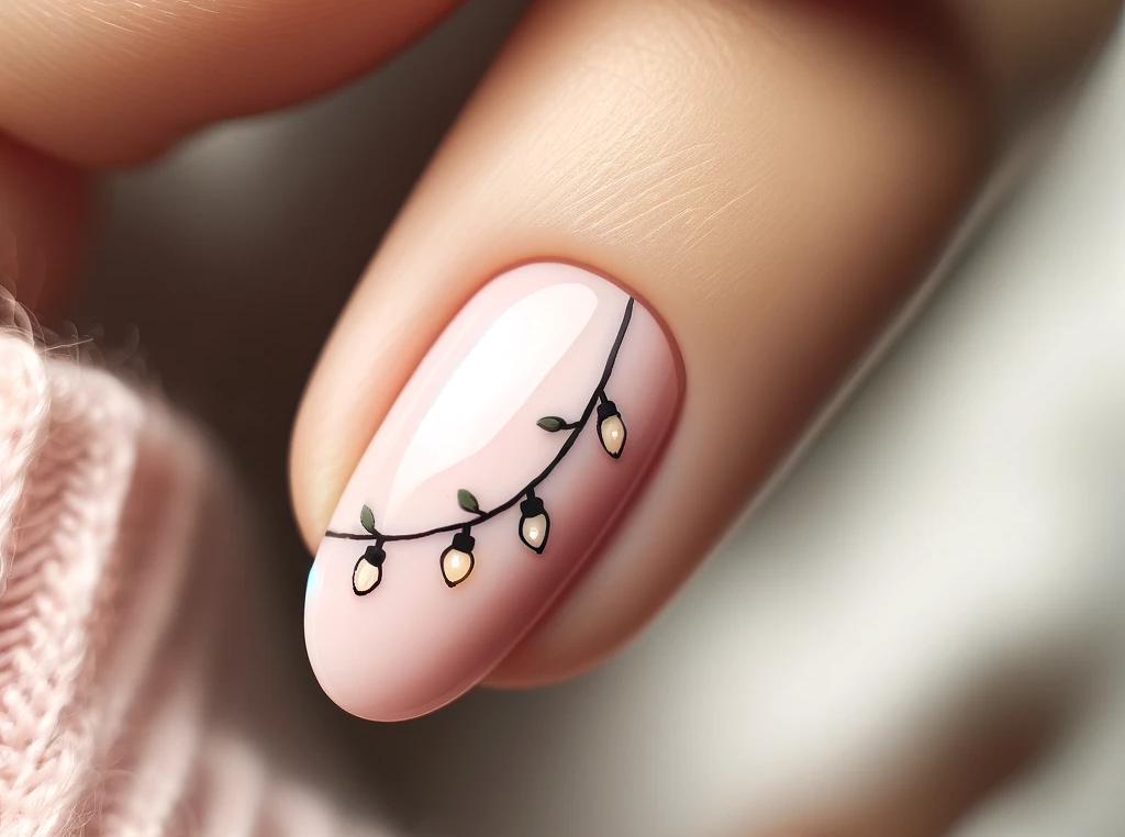 modern pink nails with christmas lights string