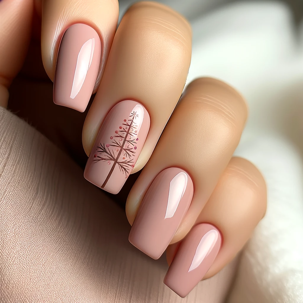 pink manicure with brown boho christmas tree nail art