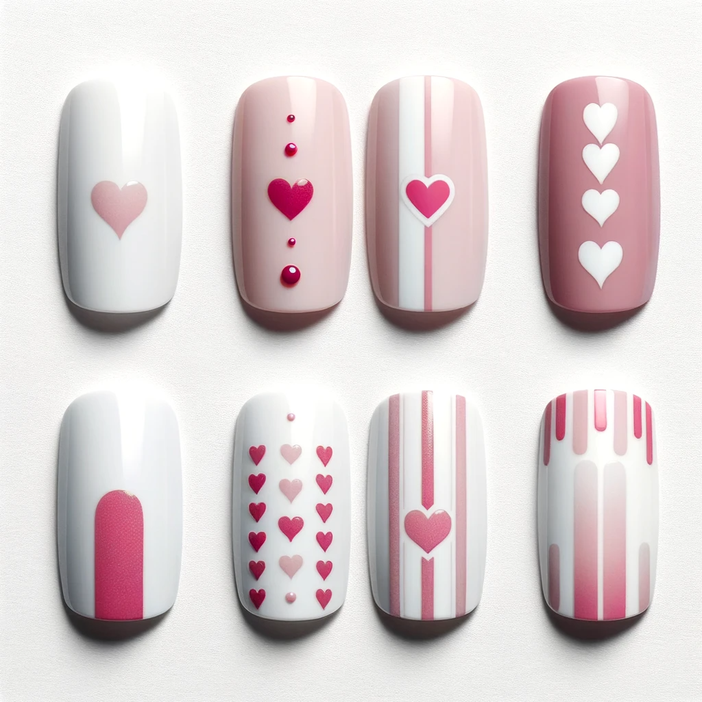 A collection of 8 modern Valentine's Day themed nail art swatches, displayed against a plain white background