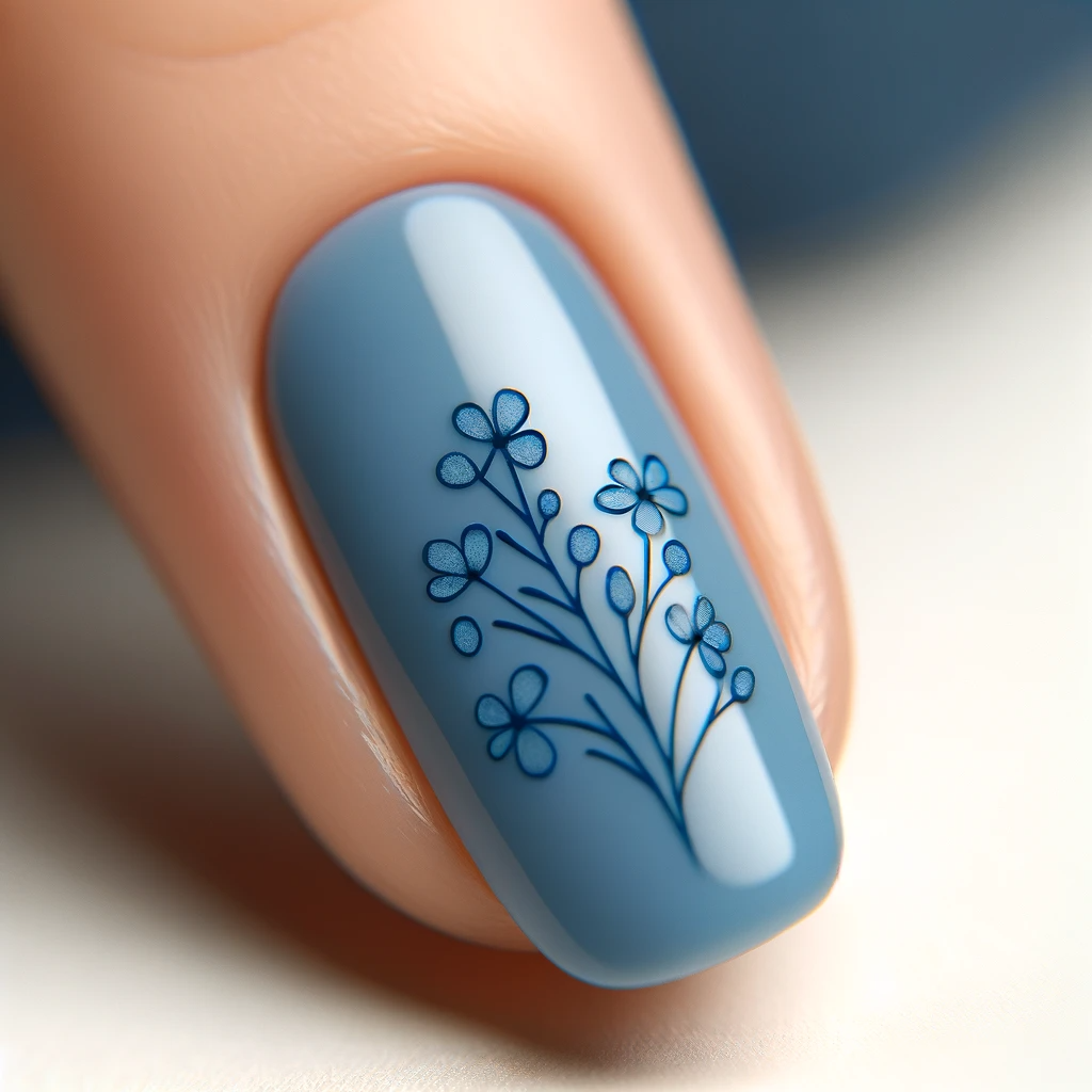 Blue Nails with Black Flower Outlines 