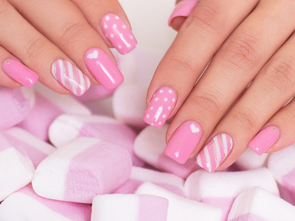 Candy pink valentines nails with hearts dots and stripes