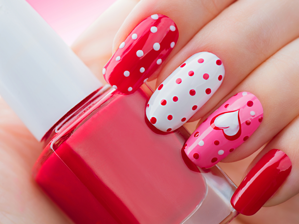 Red pink and white valentines nails